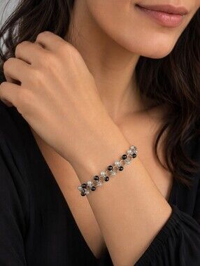 Iridescent Black And White Glass Bead And Chainmaille Bracelet with Extender
